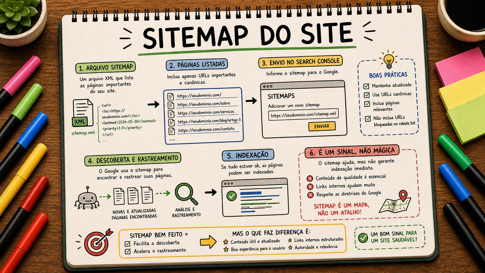 Sitemap do site enviado ao Search Console para ajudar descoberta de páginas