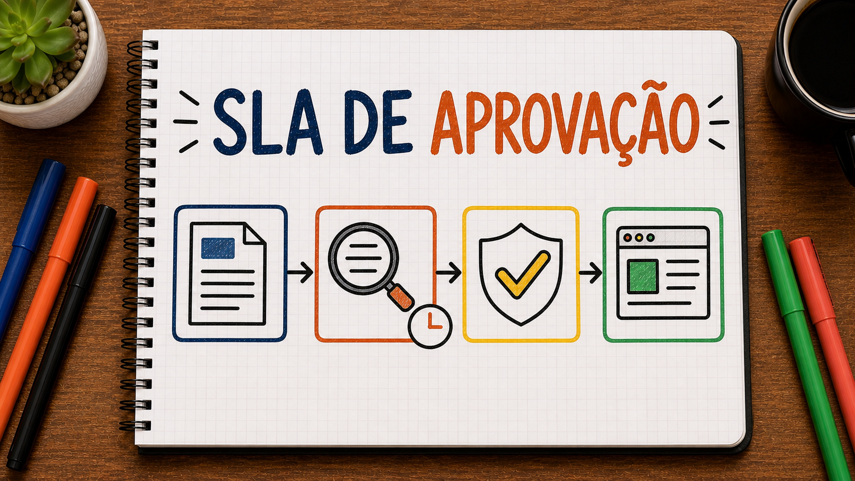 Caderno ilustrado sobre SLA de aprovação de conteúdo, mostrando briefing, revisão, decisão, publicação