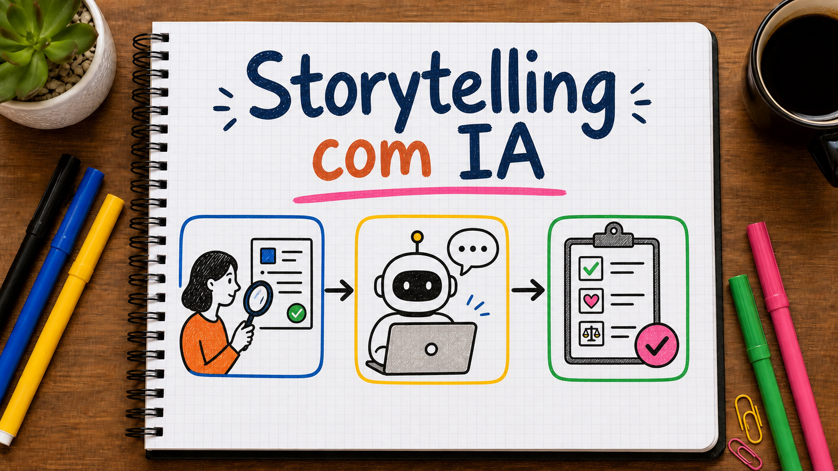 Caderno com mapa visual sobre storytelling com inteligência artificial aplicado à estratégia de marketing