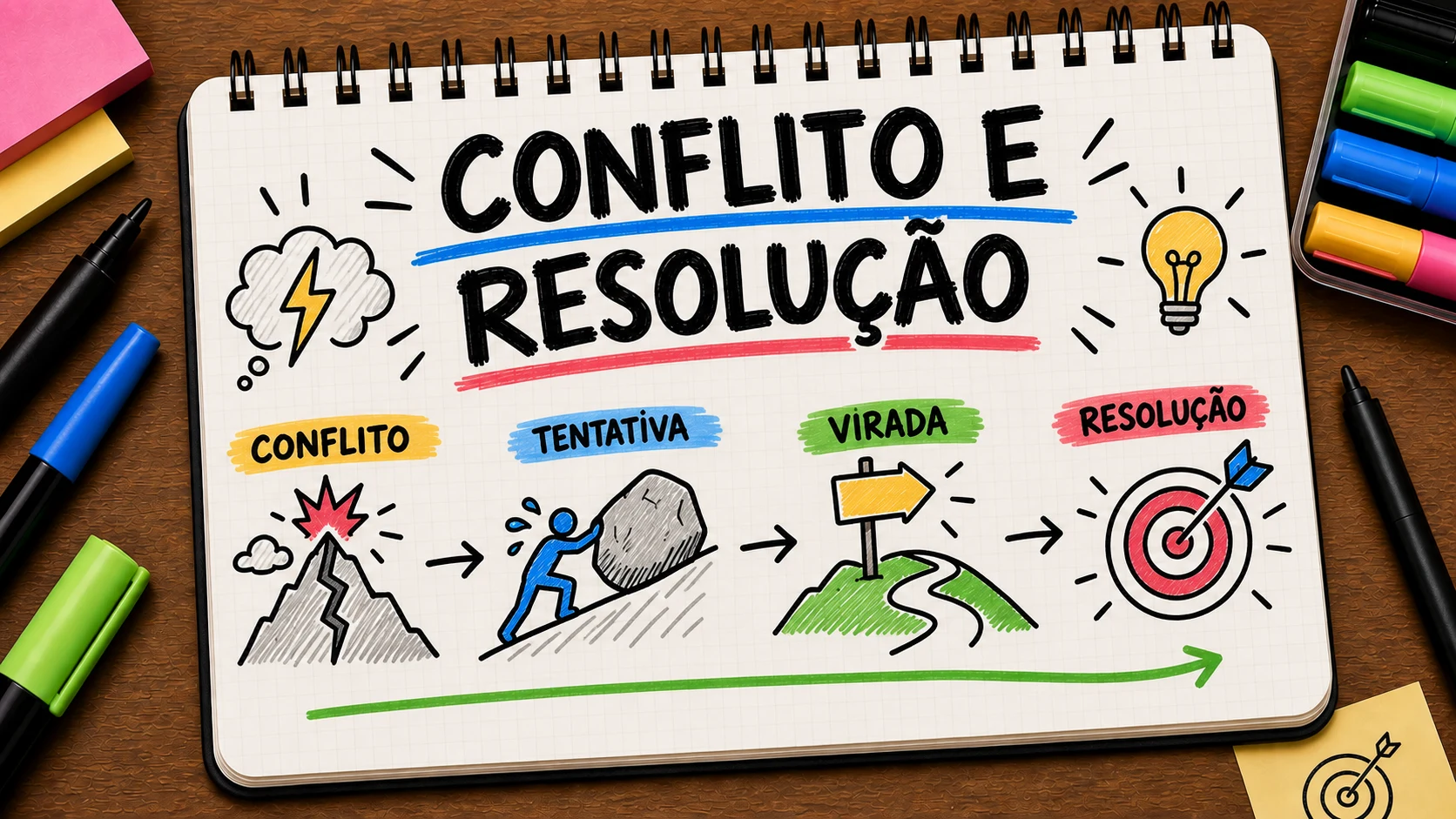 Storytelling estruturado por conflito, tentativa, virada e resolução