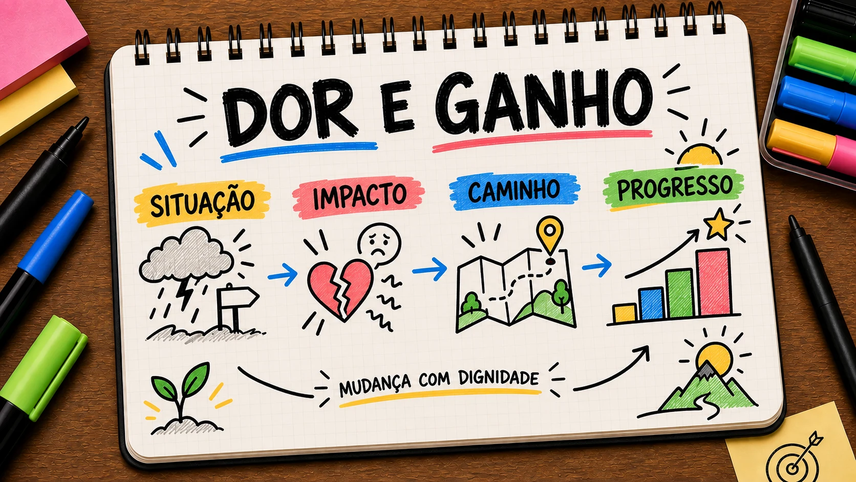 Storytelling de dor e ganho conectando situação, impacto, mudança e progresso