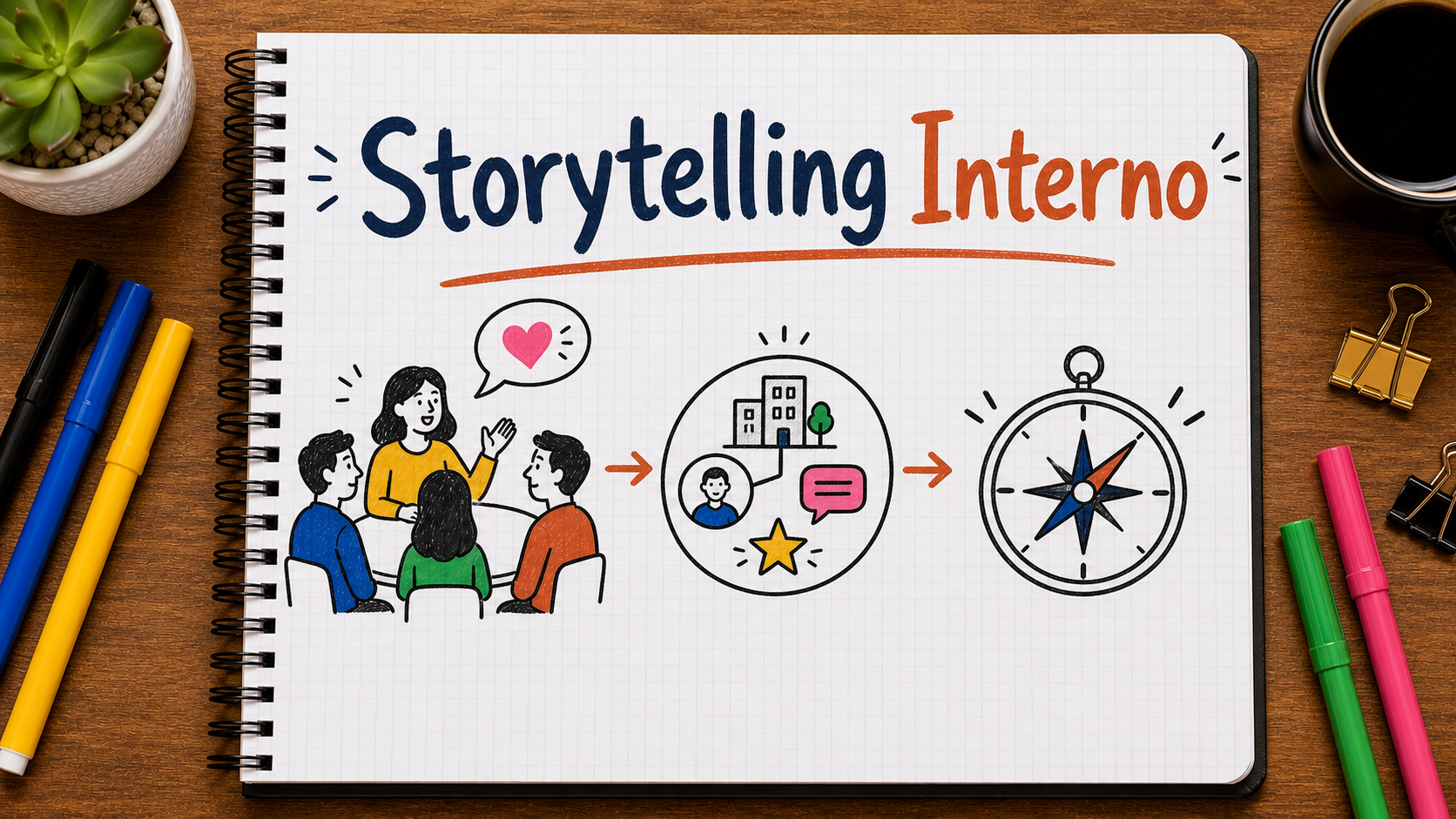 Caderno com mapa visual sobre storytelling na comunicação interna aplicado à estratégia de marketing