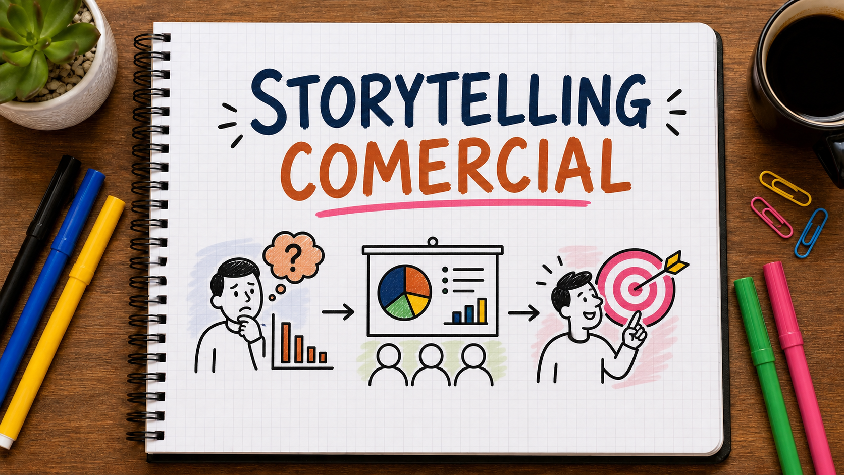 Caderno com mapa visual sobre storytelling para apresentação comercial aplicado à estratégia de marketing