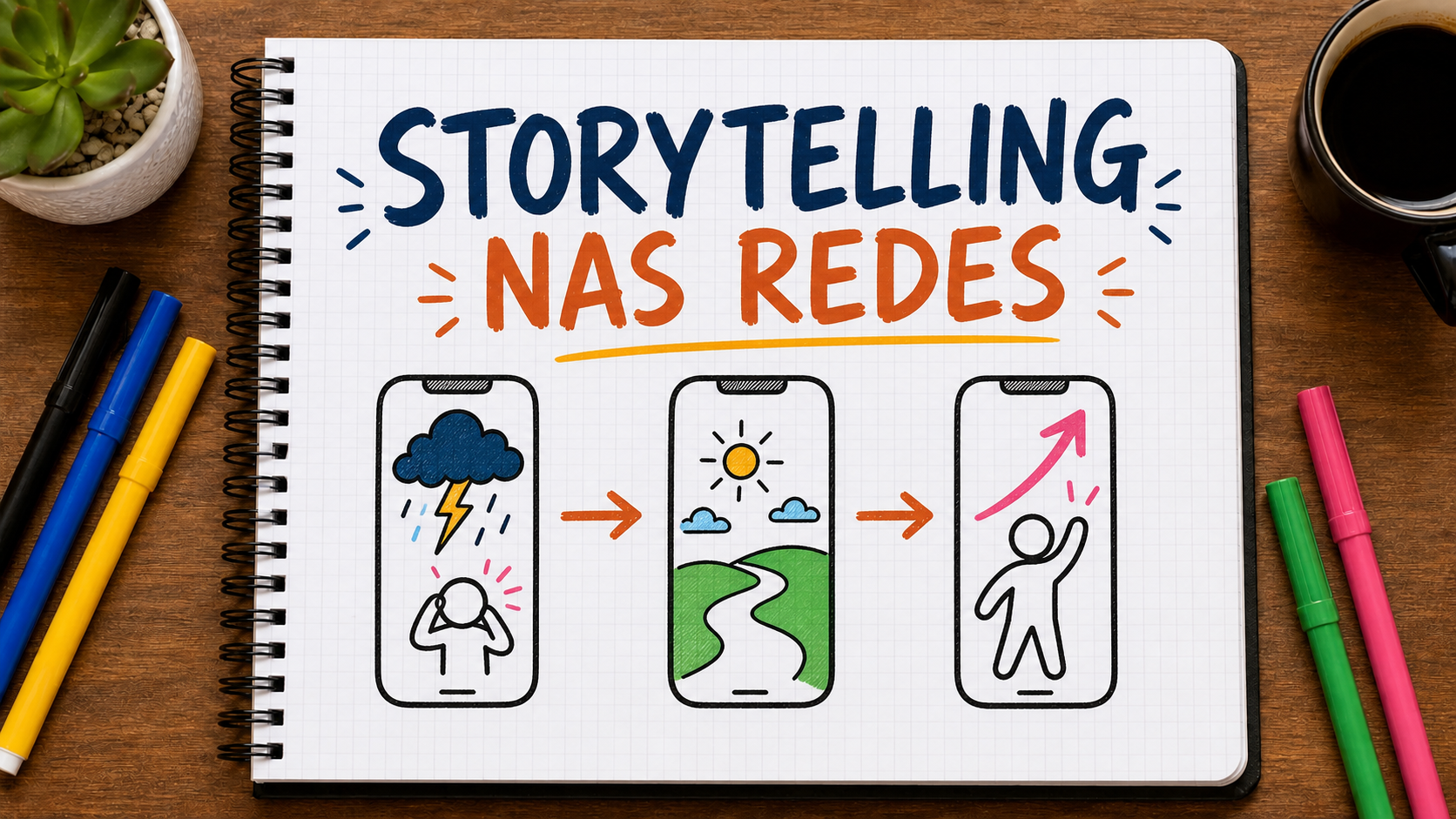 Caderno com mapa visual sobre storytelling nas redes sociais aplicado à estratégia de marketing