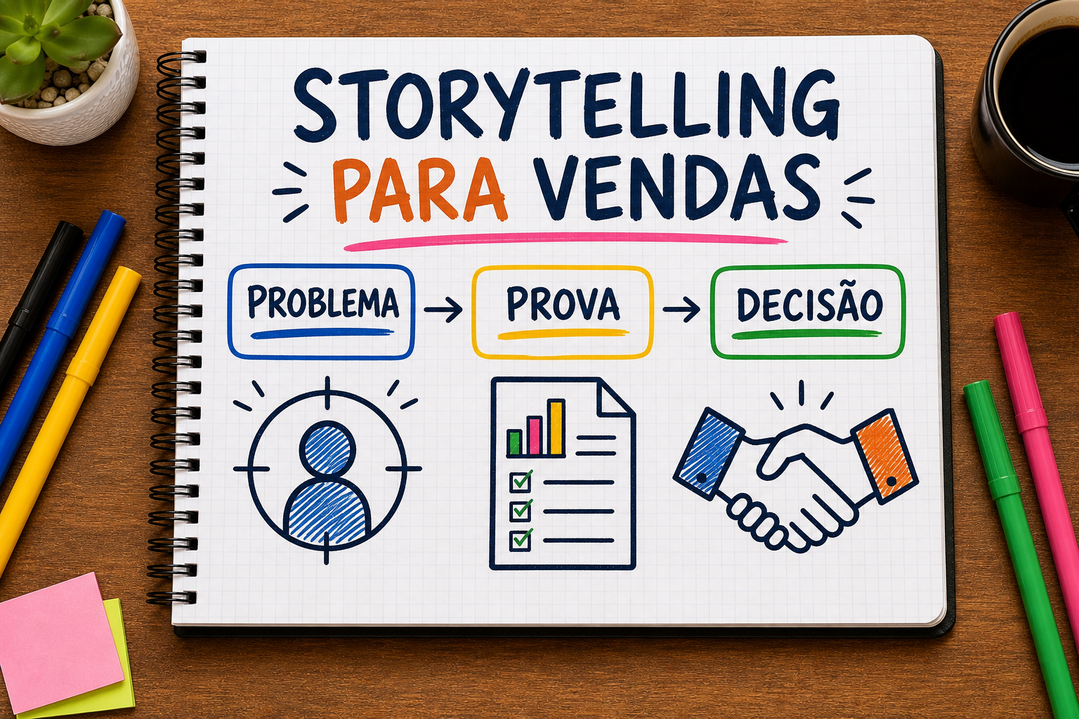 Storytelling para vendas ligando problema, decisão, prova e transformação do cliente