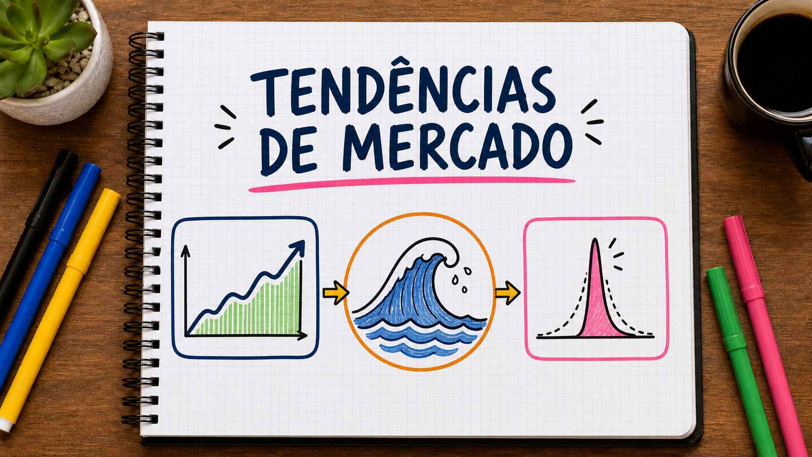 Caderno com mapa visual sobre tendências de mercado aplicado à estratégia de marketing