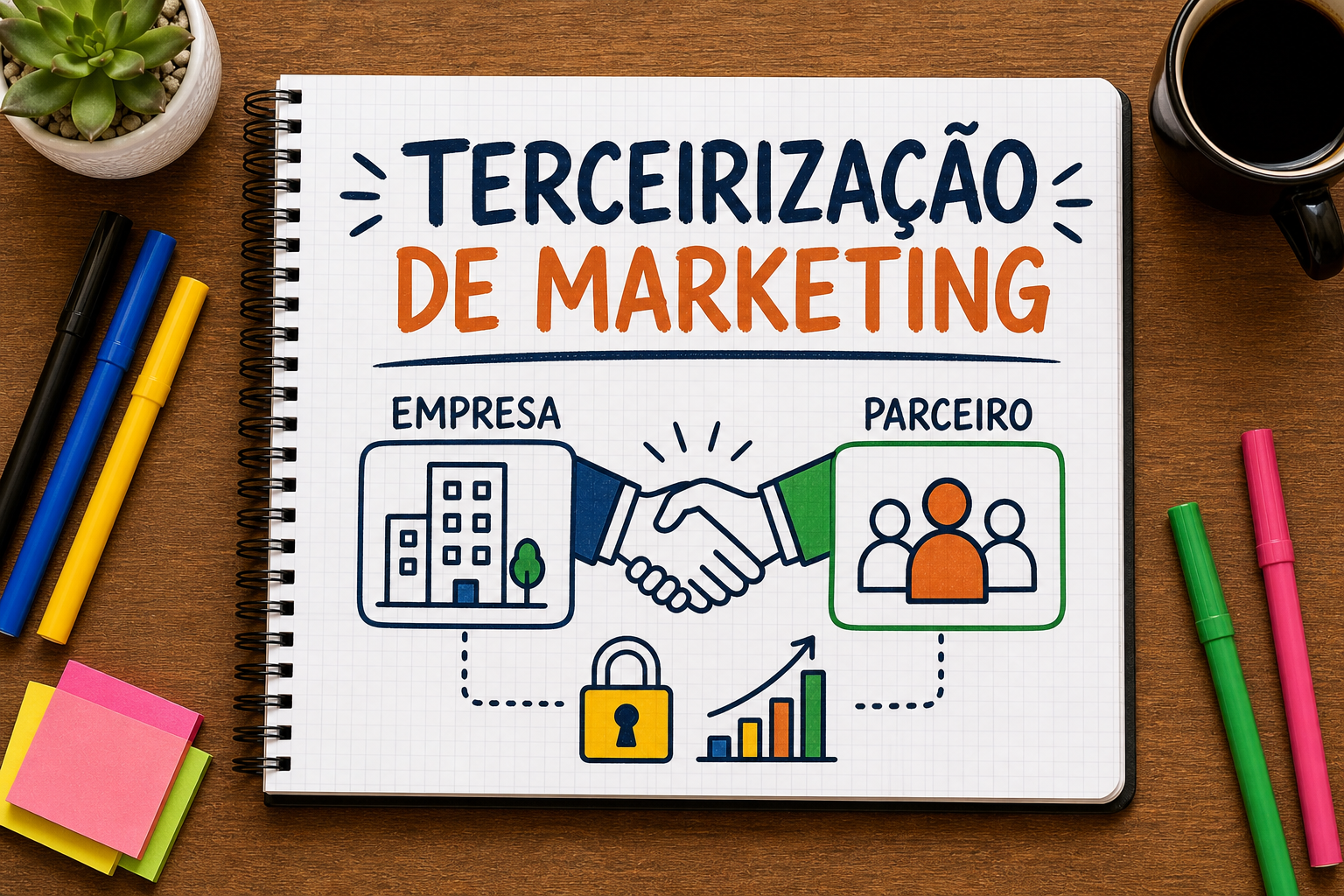 Mesa com mapa de responsabilidades entre empresa e parceiro de marketing terceirizado.