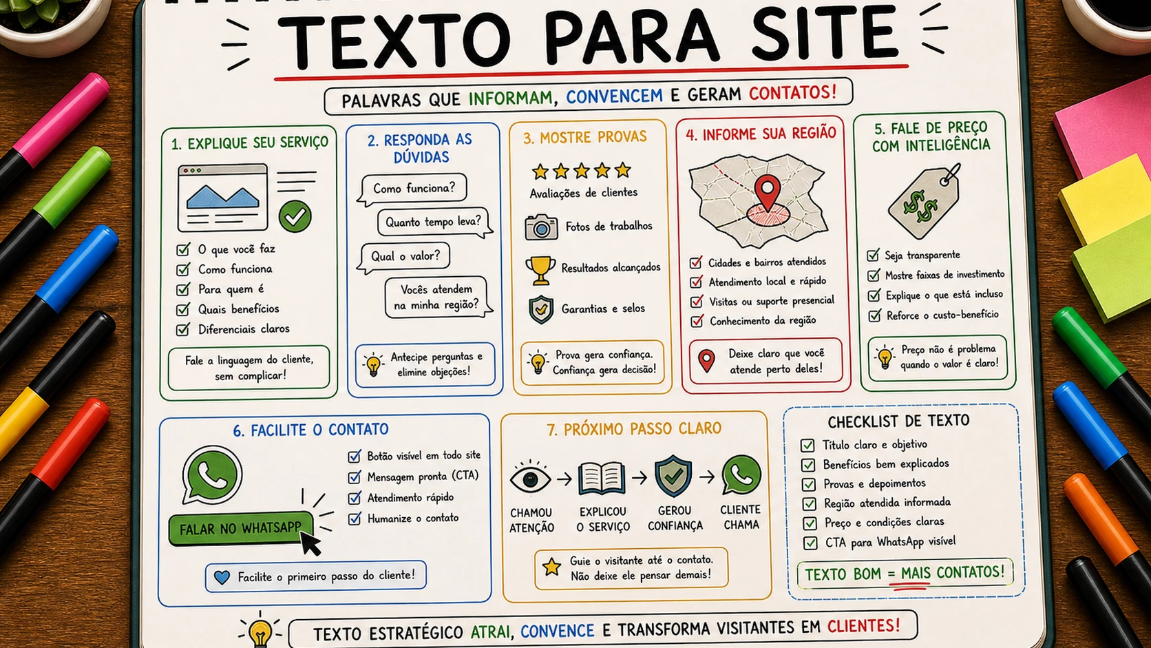 Texto para site de negócio local organizando serviços, dúvidas e botão de contato
