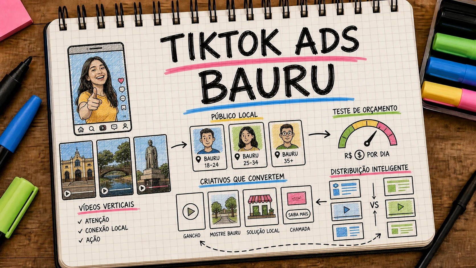 TikTok Ads em Bauru avaliado por criativos, público jovem e verba de teste local