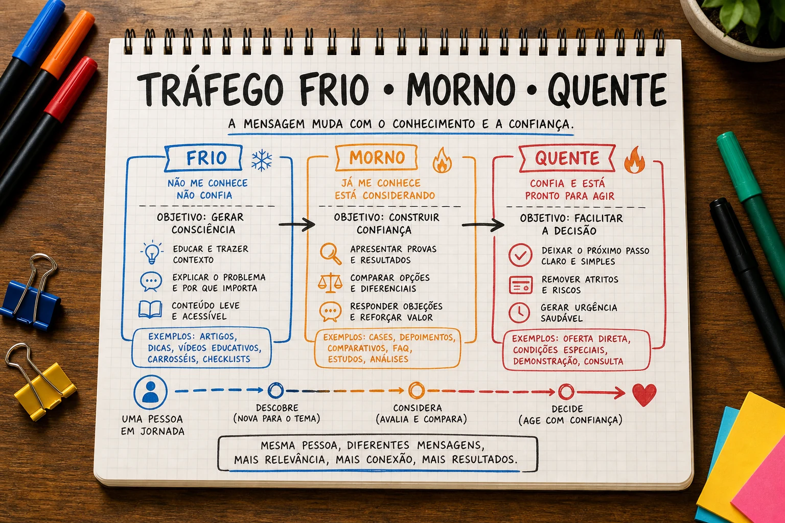 tráfego frio, morno e quente em Cambé representado por decisões, canais e relacionamento com clientes locais