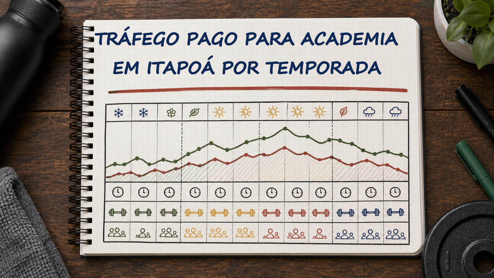 Caderno com guia visual sobre tráfego pago academia Itapoá para gestores de academias