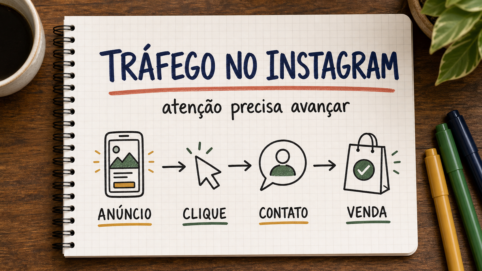 Caderno ilustrado sobre tráfego pago no Instagram, com etapas de campanha, atendimento e venda