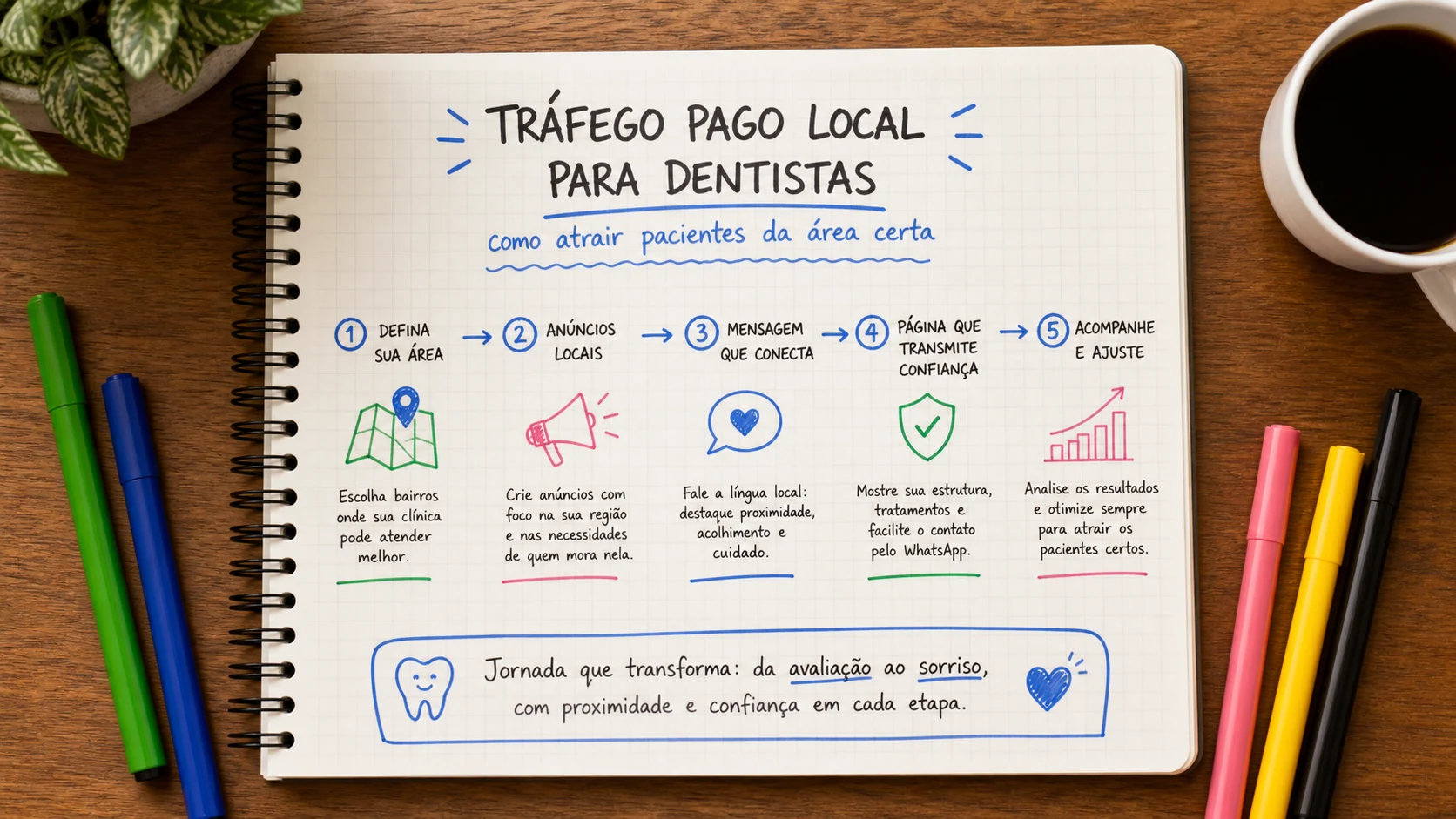 Infográfico sobre tráfego pago local para dentistas aplicado a clínicas odontológicas.