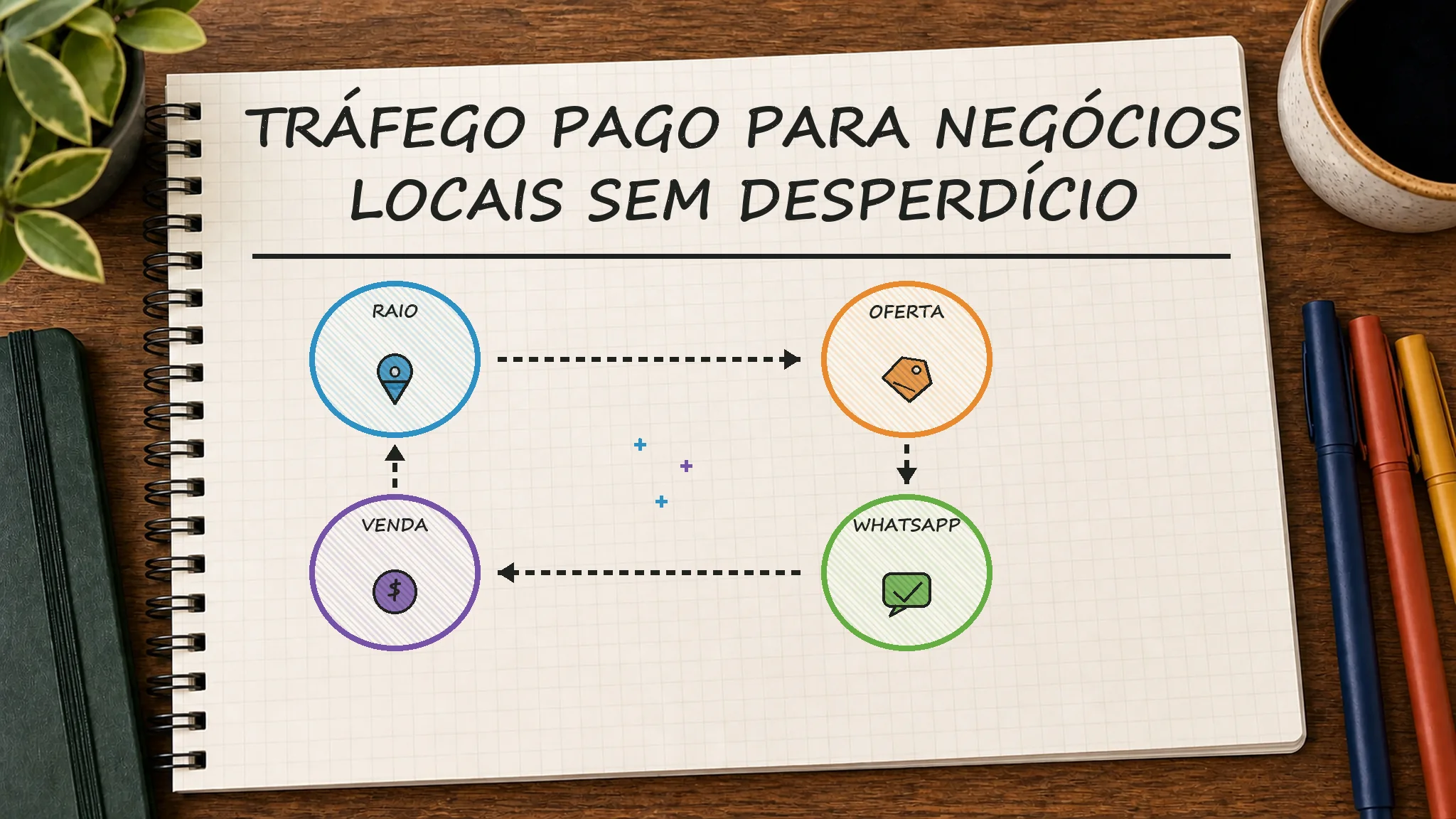 Caderno ilustrado sobre tráfego pago para negócios locais, mostrando raio, oferta, whatsapp, venda