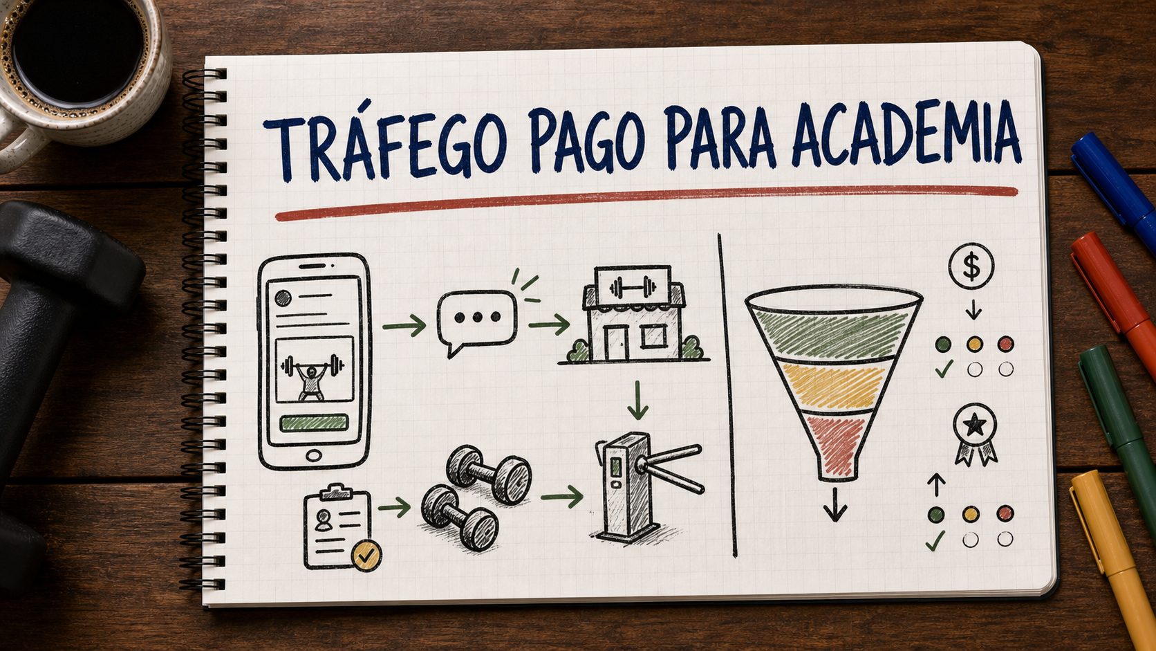 Caderno com guia visual sobre tráfego pago para academia para gestores de academias