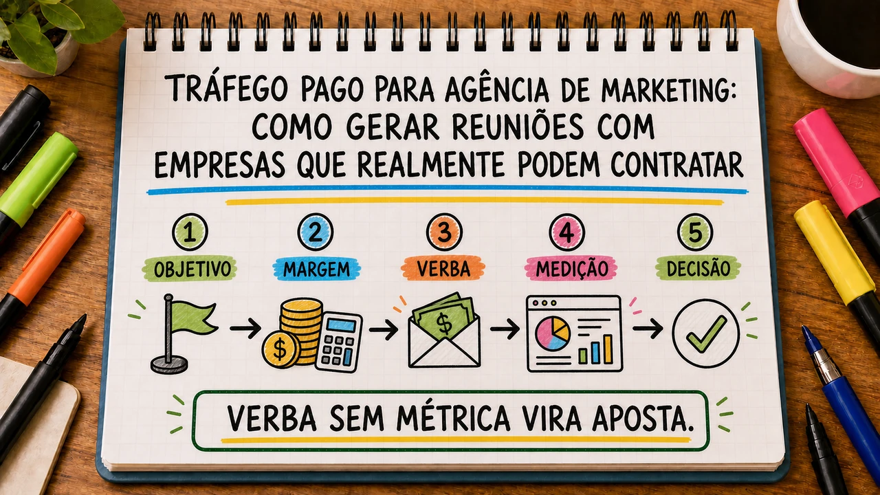 Composição editorial sobre tráfego pago para agência de marketing conectando campanha, atendimento e resultado