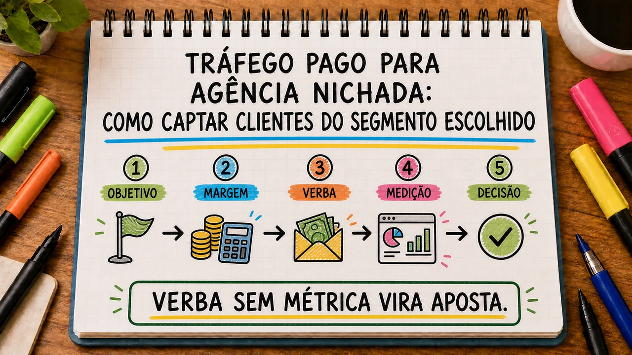 Composição editorial sobre tráfego pago para agência nichada conectando campanha, atendimento e resultado