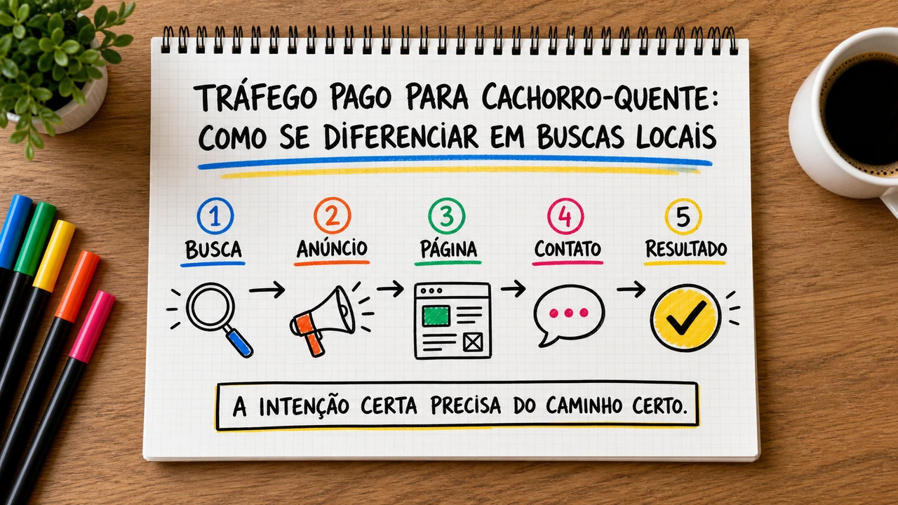 Composição editorial sobre tráfego pago para cachorro-quente conectando campanha, atendimento e resultado