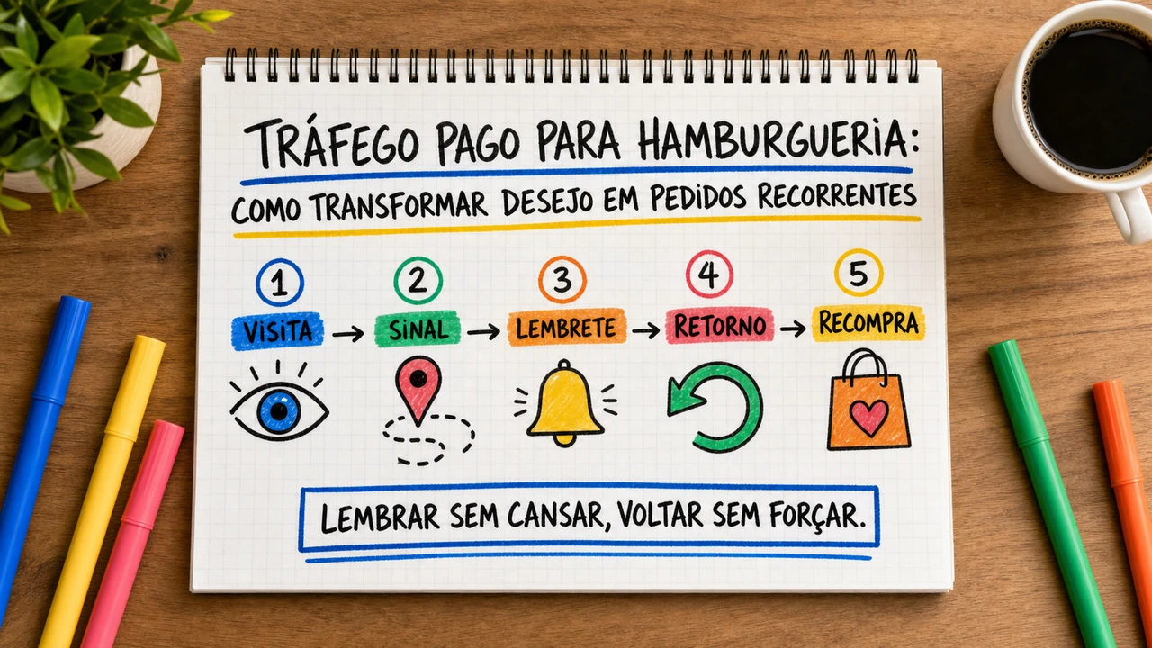 Composição editorial sobre tráfego pago para hamburgueria conectando campanha, atendimento e resultado