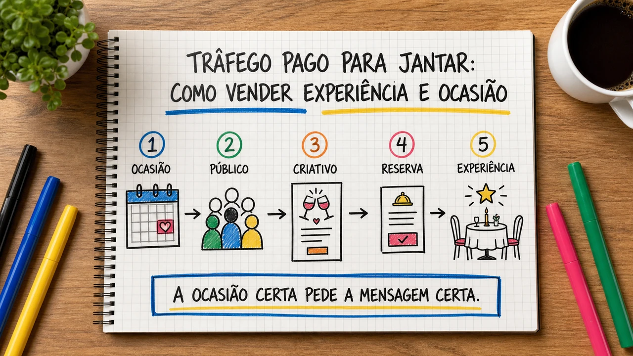Composição editorial sobre tráfego pago para jantar conectando campanha, atendimento e resultado