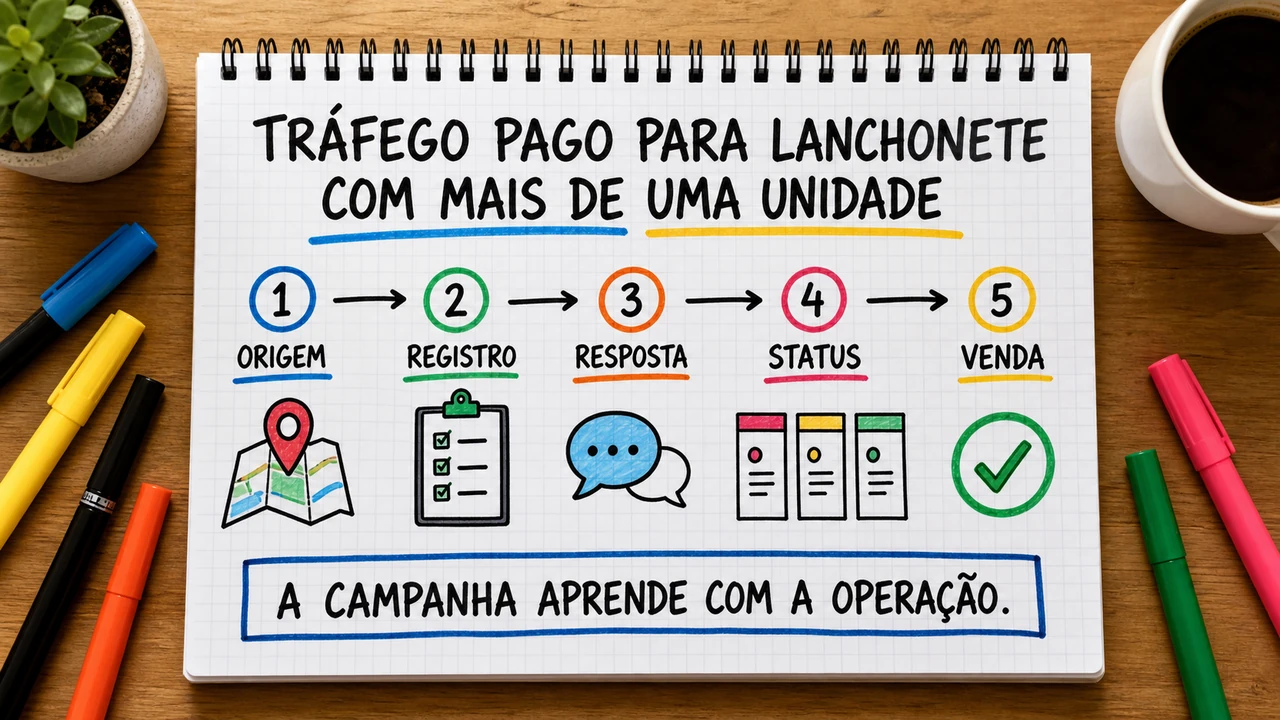 Composição editorial sobre tráfego pago para lanchonete com mais de uma unidade conectando campanha, atendimento e resultado