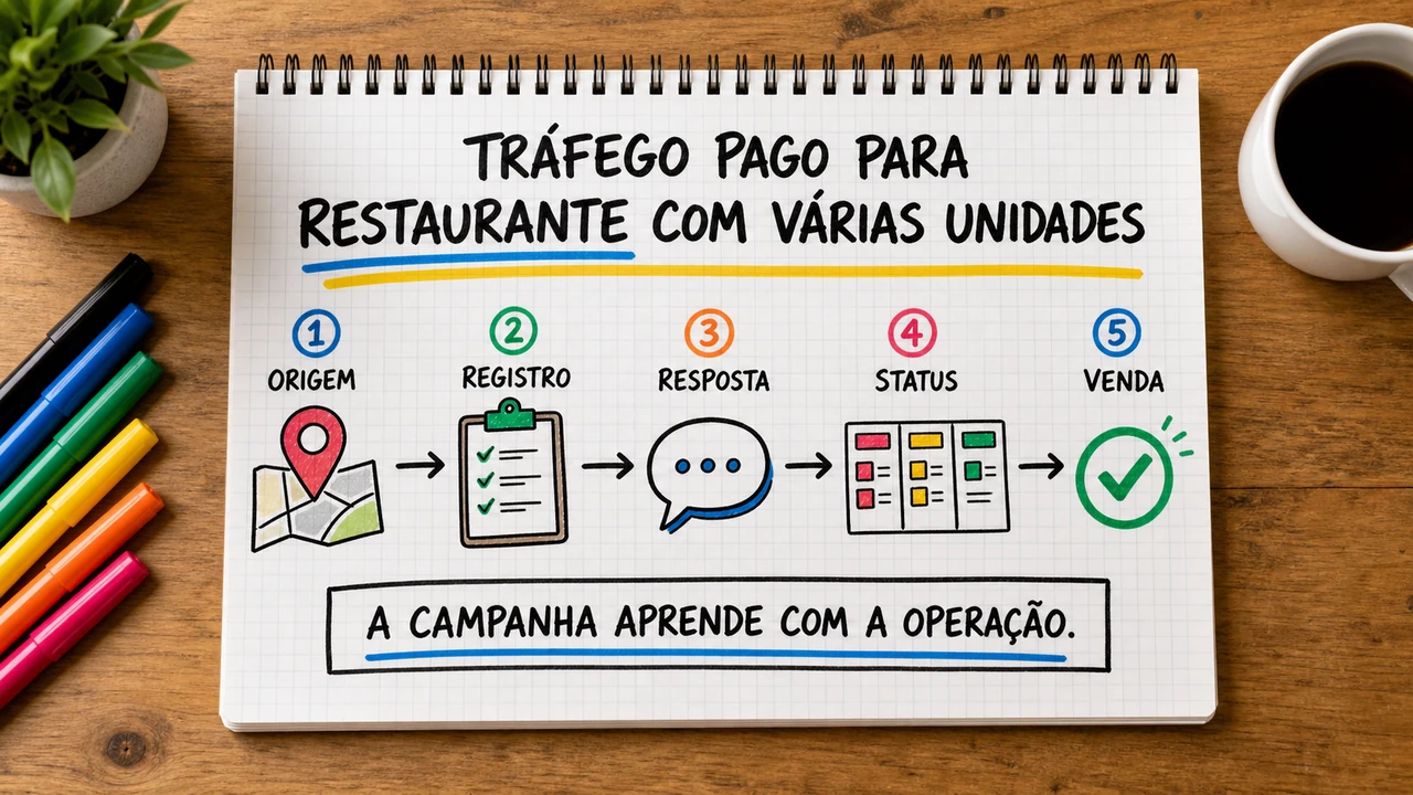 Composição editorial sobre tráfego pago para restaurante com várias unidades conectando campanha, atendimento e resultado