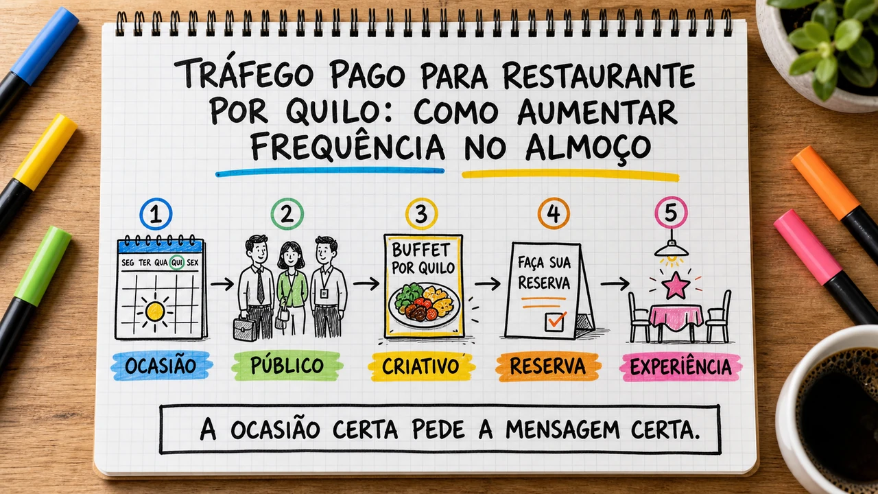 Composição editorial sobre tráfego pago para restaurante por quilo conectando campanha, atendimento e resultado