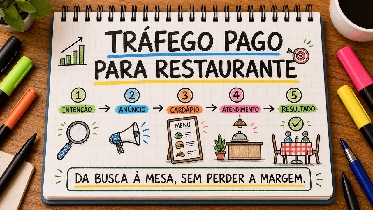 Composição editorial sobre tráfego pago para restaurante conectando campanha, atendimento e resultado