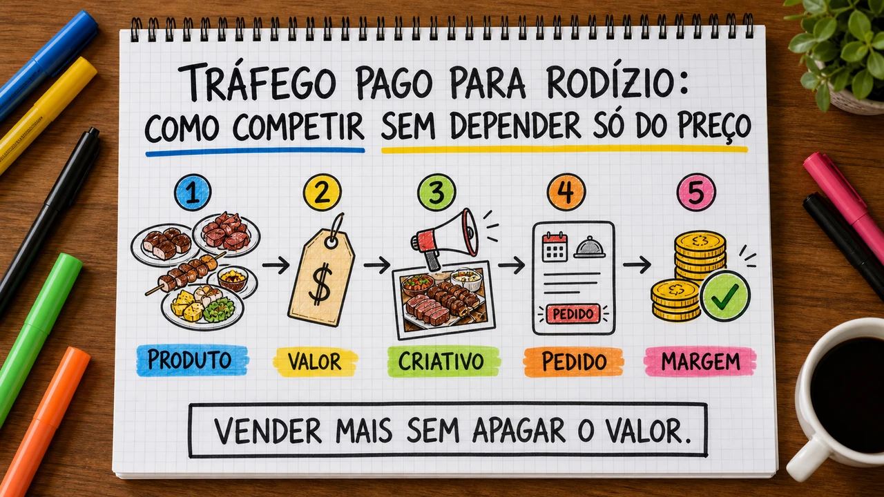 Composição editorial sobre tráfego pago para rodízio conectando campanha, atendimento e resultado