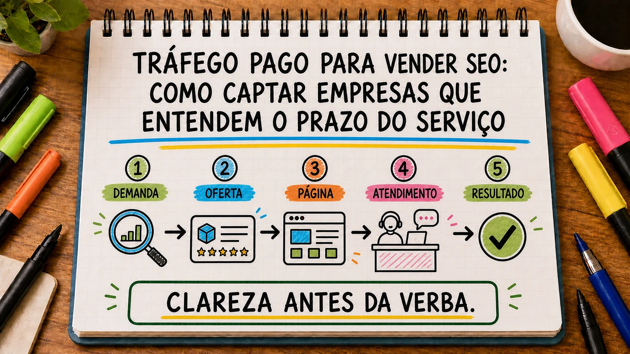 Composição editorial sobre tráfego pago para vender seo conectando campanha, atendimento e resultado
