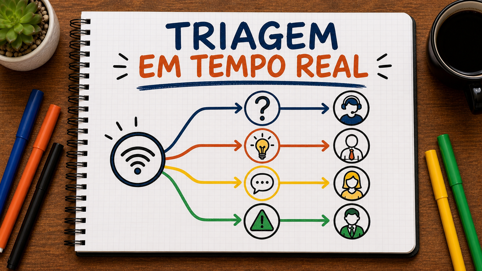 Caderno ilustrado sobre triagem no marketing em tempo real, mostrando sinal, classe, dono, resposta