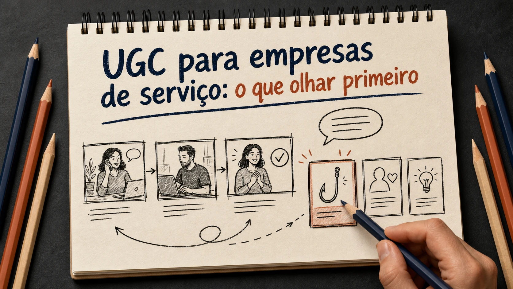 UGC para empresas de serviço em uma cena editorial sobre diagnóstico, escolha e próximos passos.