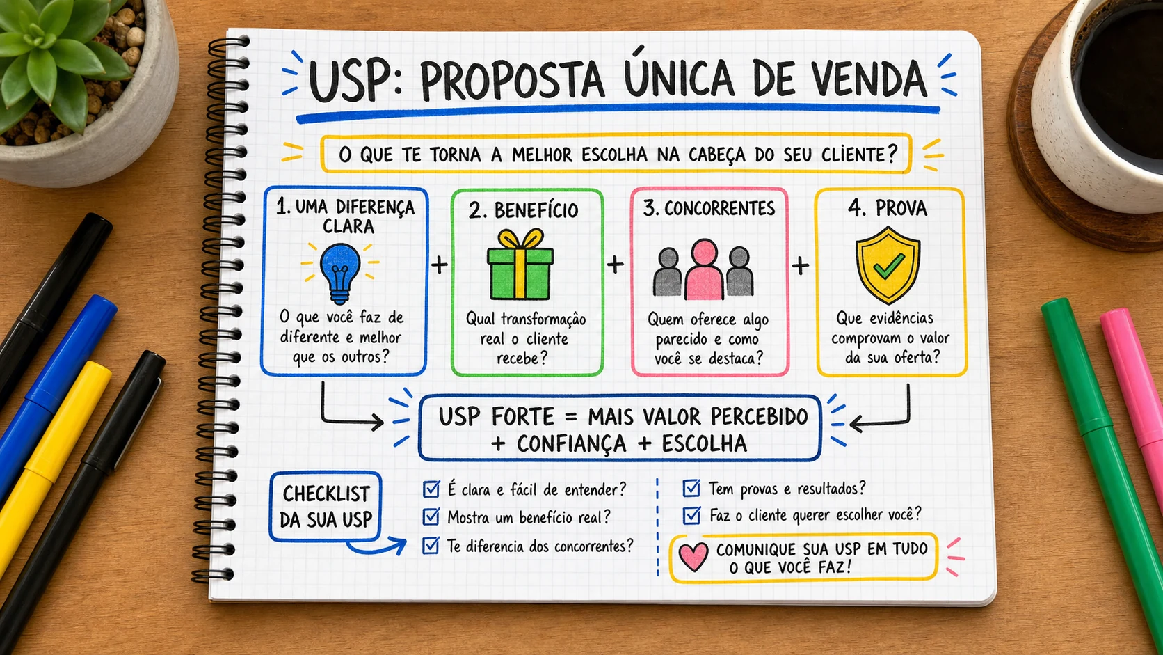 USP proposta única de venda em uma cena editorial sobre decisão, mensagem e comportamento de compra.