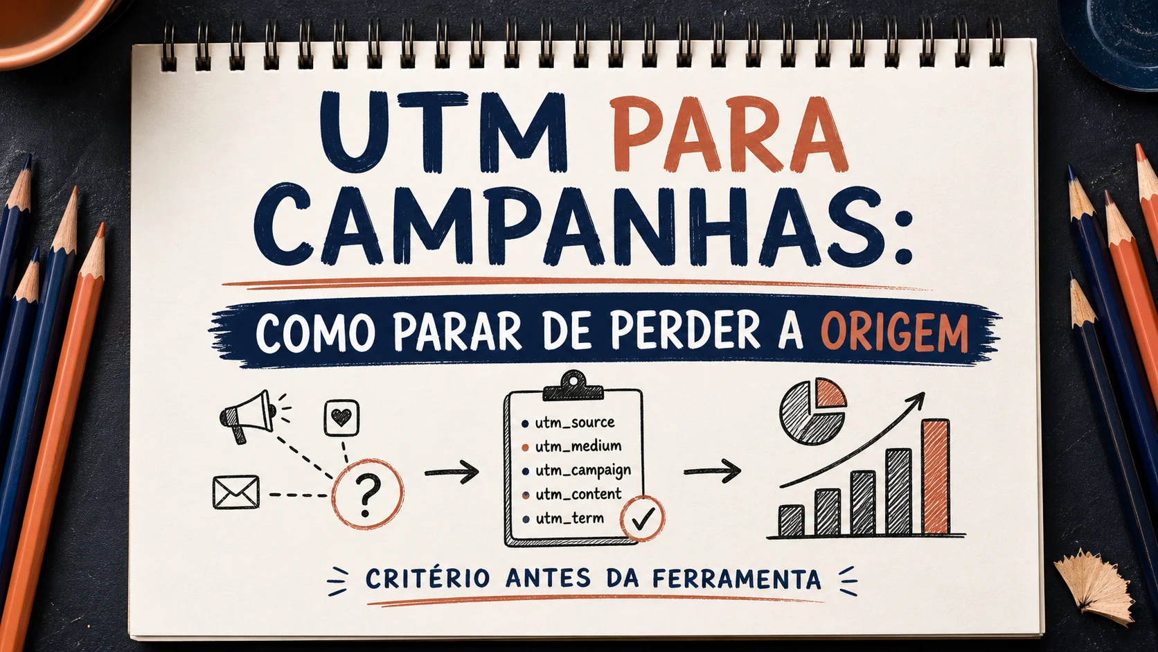 UTM para campanhas organizado em uma capa editorial com critérios, canais e próximos passos.