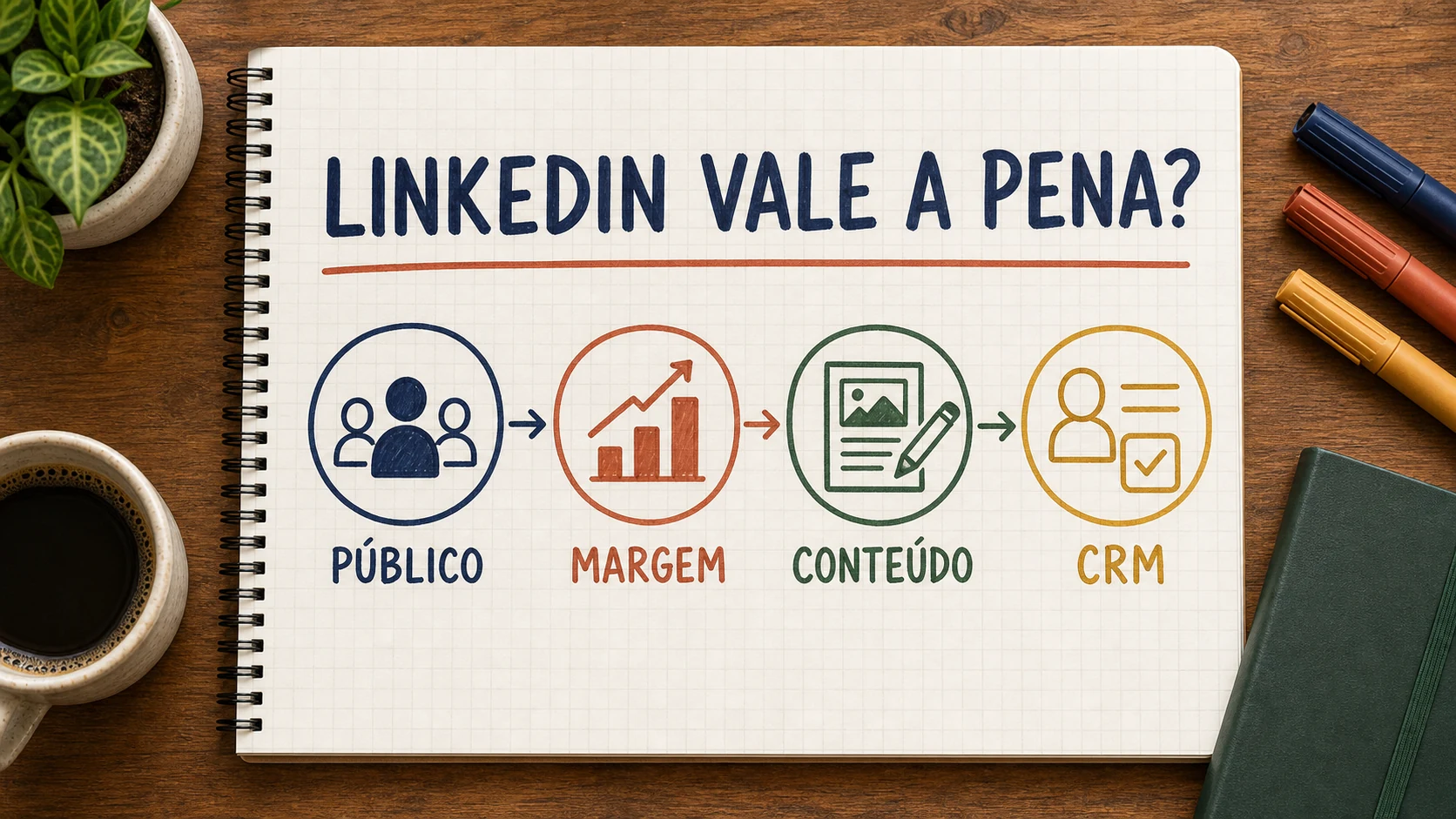 Caderno ilustrado com critérios de público, margem, conteúdo, CRM e teste para decidir se LinkedIn Ads vale a pena.
