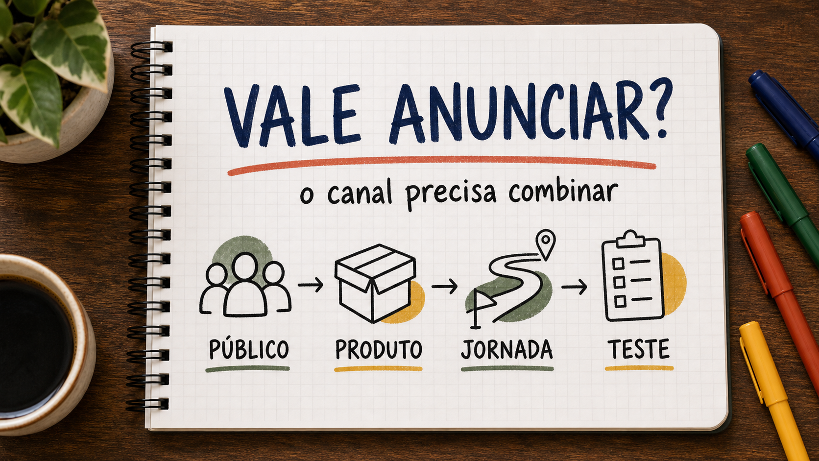 Caderno ilustrado sobre vale a pena anunciar no Instagram, com etapas de campanha, atendimento e venda