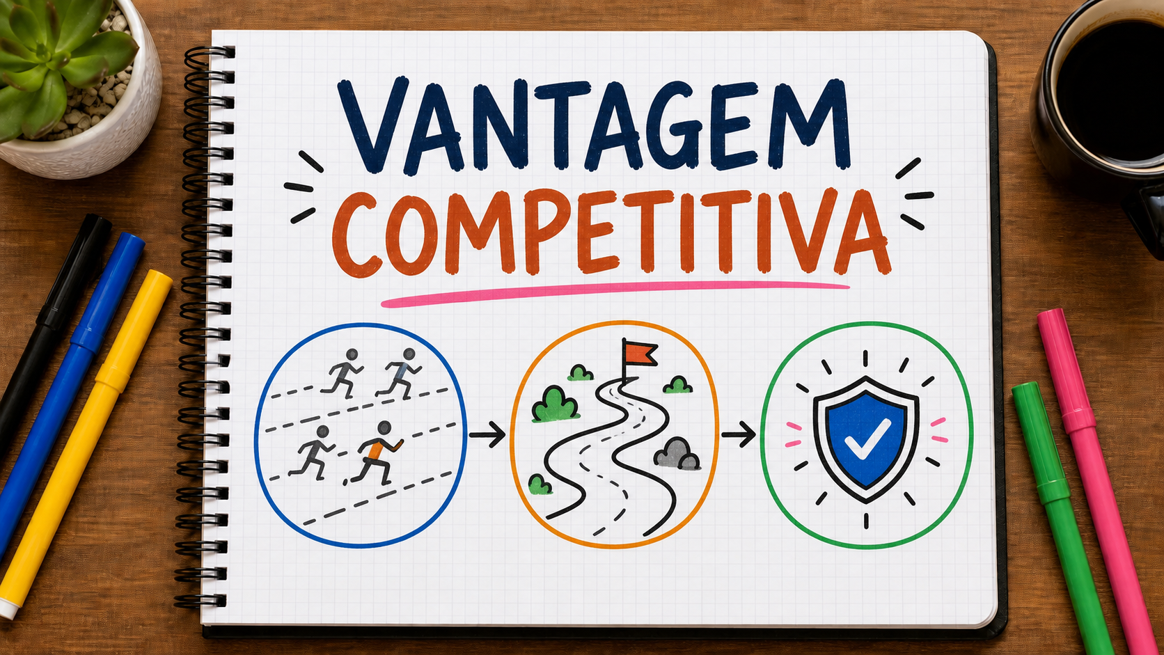 Caderno com mapa visual sobre vantagem competitiva no marketing aplicado à estratégia de marketing