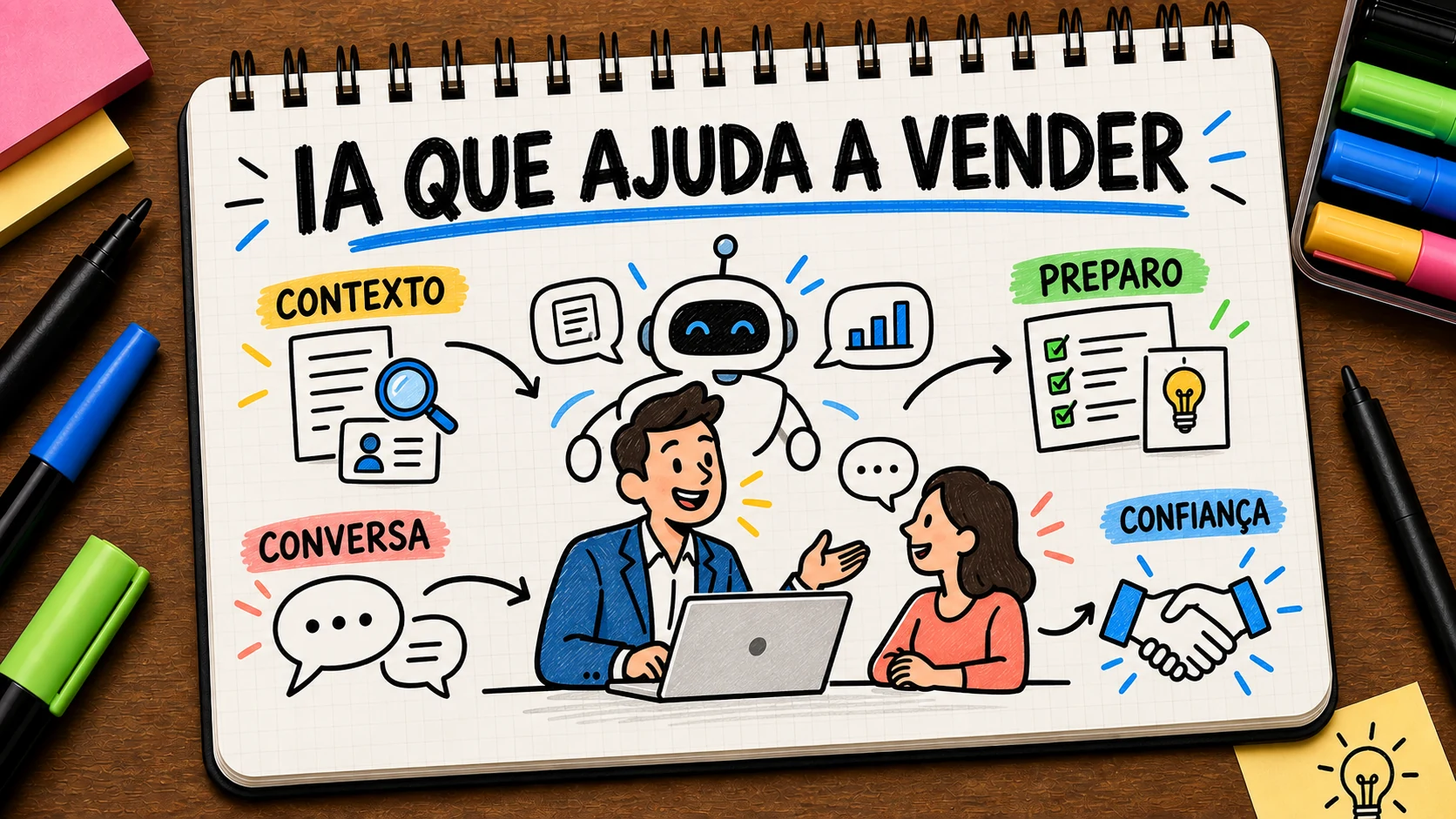 Venda aumentada com IA apoiando contexto, preparo, conversa e confiança comercial
