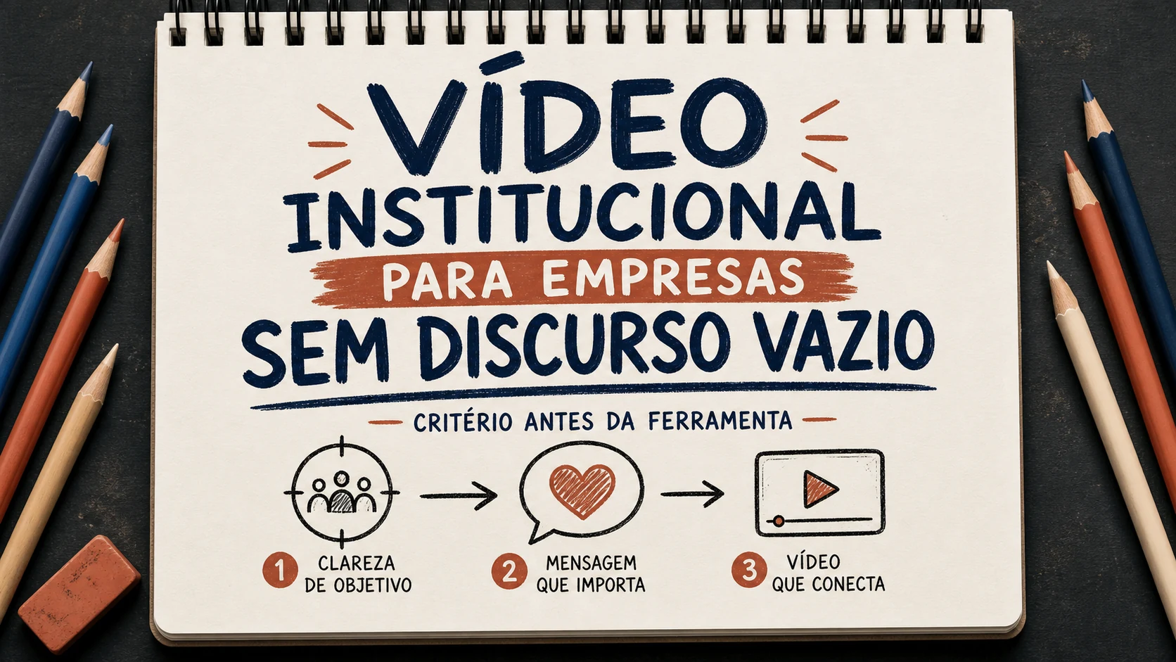 Vídeo institucional para empresas organizado em uma capa editorial com critérios, canais e próximos passos.