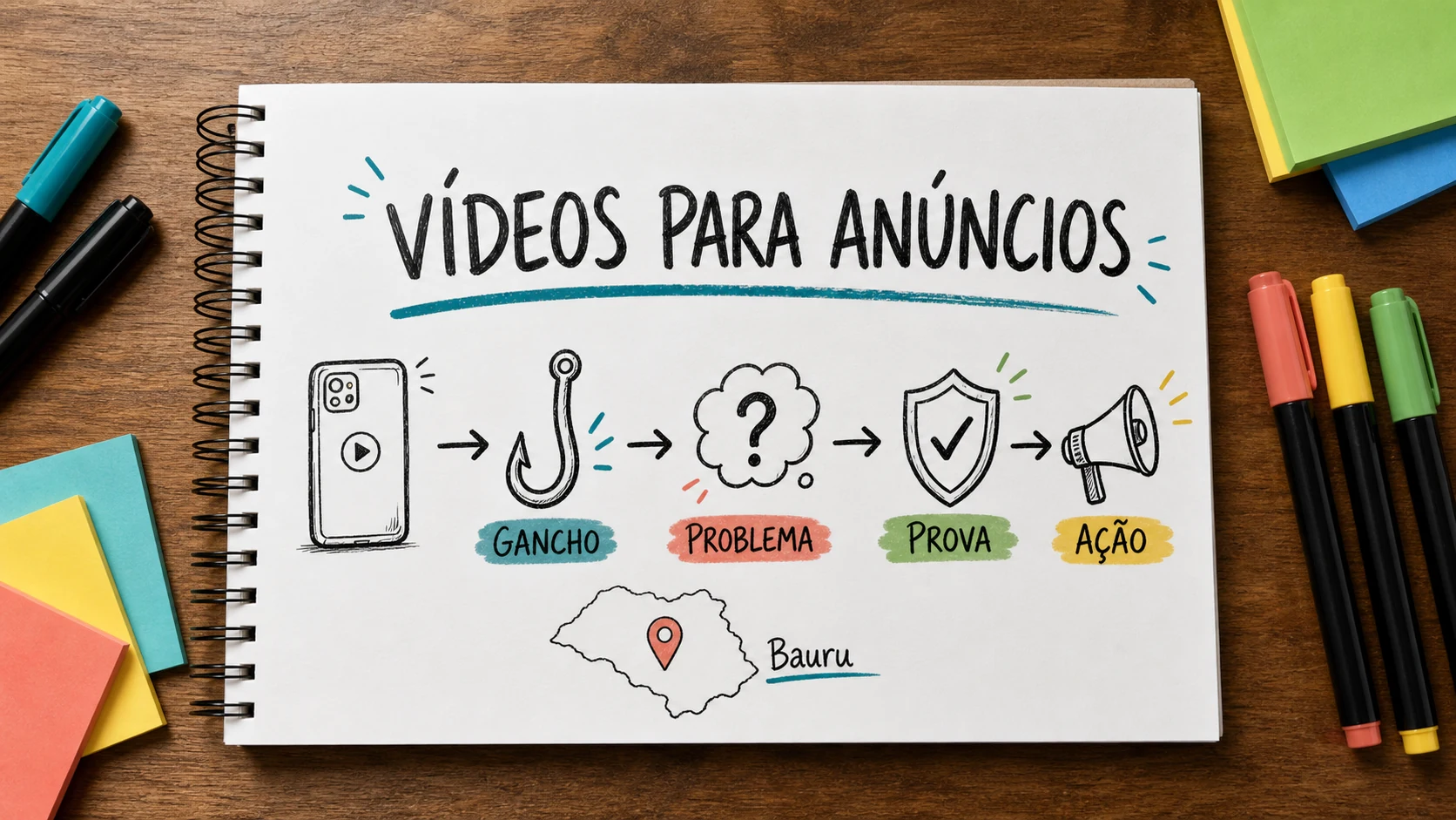Caderno ilustrado sobre vídeos para anúncios no Instagram, com etapas de campanha, atendimento e venda
