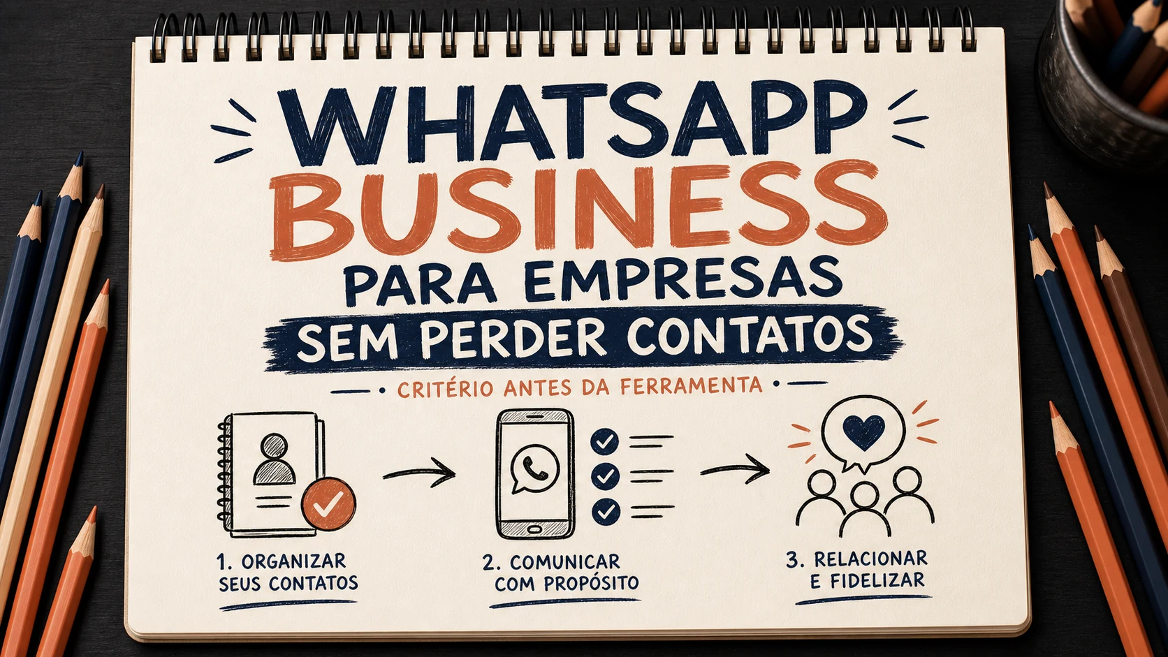 WhatsApp Business para empresas organizado em uma capa editorial com critérios, canais e próximos passos.